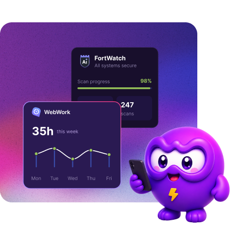WebWork AI mascot with WebWork and FortWatch dashboards